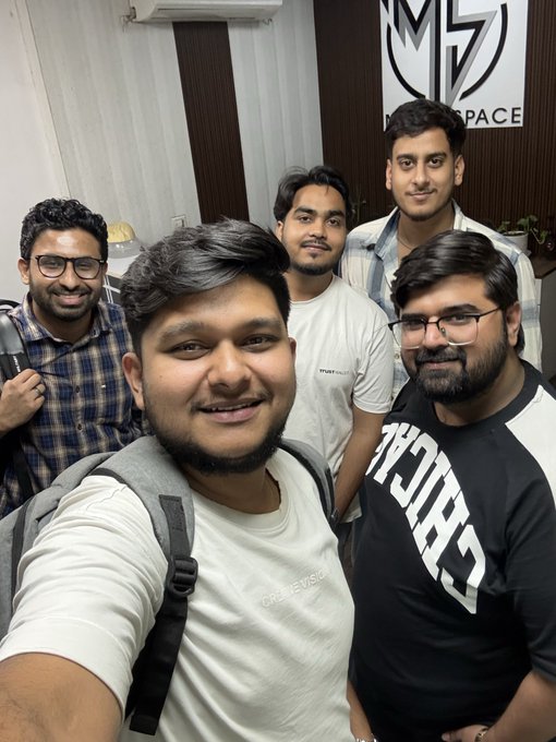 A group of five smiling young men pose for a selfie in an office setting, with a "MetaSpace" logo visible on the wall behind them, marking the farewell of @Shubh_Web3, @Beasttopp, and @Kaifluencer as they begin new professional chapters. The image captures the camaraderie and team spirit highlighted in the accompanying post about meaningful workplace relationships.