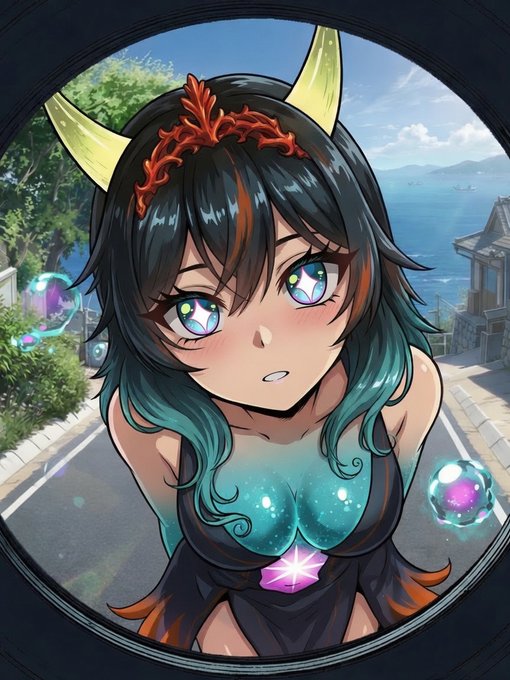 An anime-style character named Tidera from Other Egg Genesis is depicted with striking blue and black hair, yellow horn-like protrusions, and a celestial bodice featuring a glowing star, gazing up at the viewer through a circular frame with a coastal town in the background. The character is shown floating above a sunlit seaside village, embodying the artistic style of Momoyumemi.