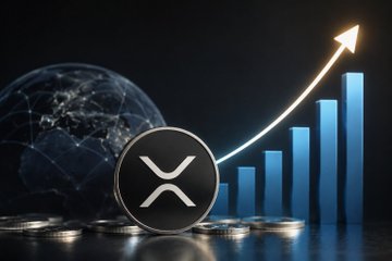 A stack of gold coins sits beside an XRP logo and a glowing upward arrow piercing through a blue rising bar chart, visually representing the speculative price surge and bullish momentum the post describes for XRP's potential gains.