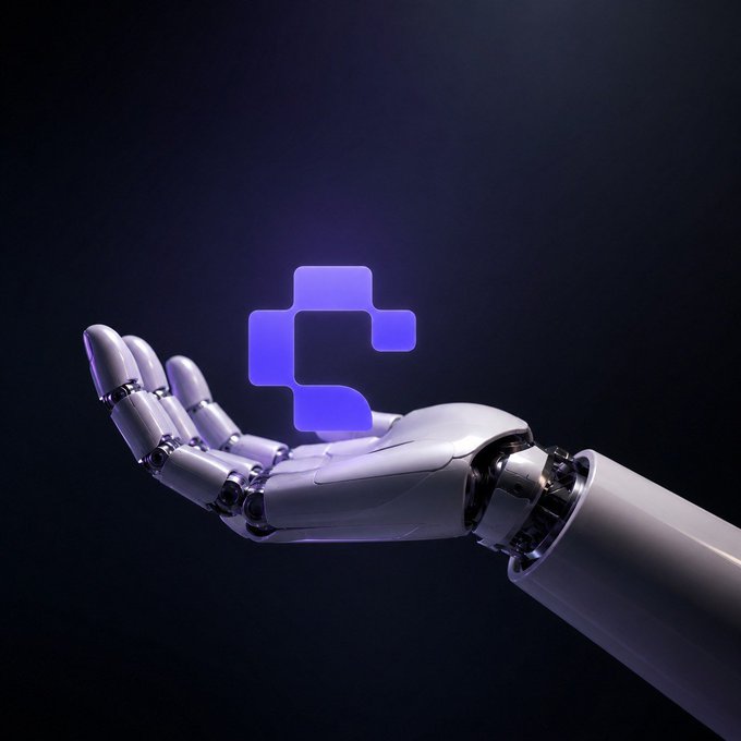 A 3D-rendered white robotic hand holding a glowing purple digital logo shaped like interconnected squares against a dark background.