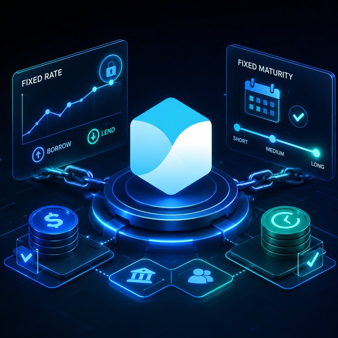 A futuristic digital illustration of a cryptocurrency lending platform featuring 'FIXED RATE' (with BORROW/LEND options) and 'FIXED MATURITY' (SHORT/MEDIUM/LONG) panels connected by chains to dollar and time coin stacks.