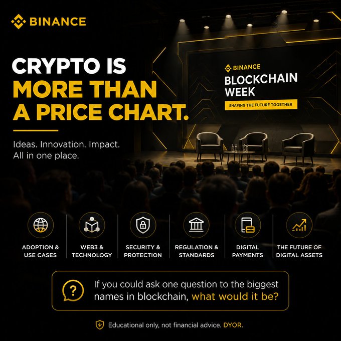 The image is a Binance promotional graphic for "Blockchain Week" with the tagline "Crypto is more than a price chart. Ideas. Innovation. Impact. All in one place." It features a conference stage setup with chairs and highlights six event topics: Adoption & Use Cases, Web3 & Technology, Security & Protection, Regulation & Standards, Digital Payments, and The Future of Digital Assets, ending with a call to action asking viewers what question they'd ask blockchain leaders. The graphic visually reinforces the post's message by emphasizing that Binance Blockchain Week focuses on substantive industry dialogue beyond mere price movements.