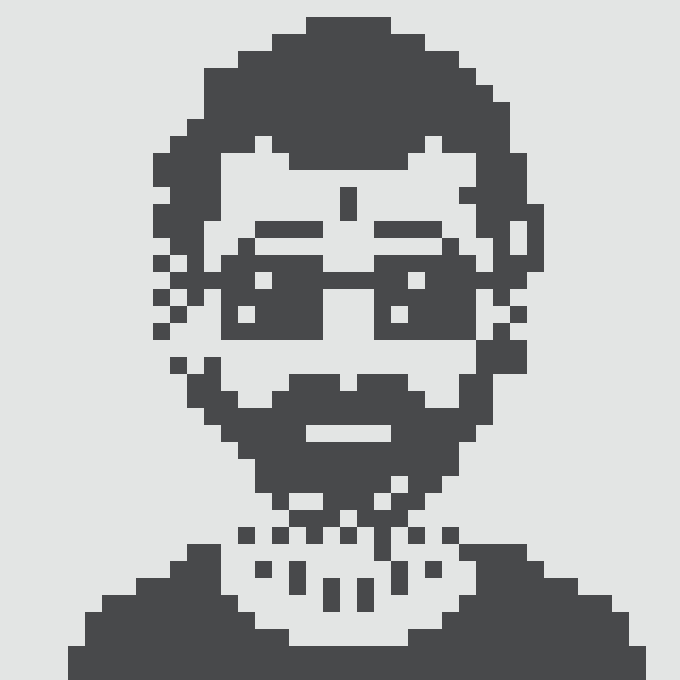 A pixel art portrait depicts a man with a beard wearing dark sunglasses.