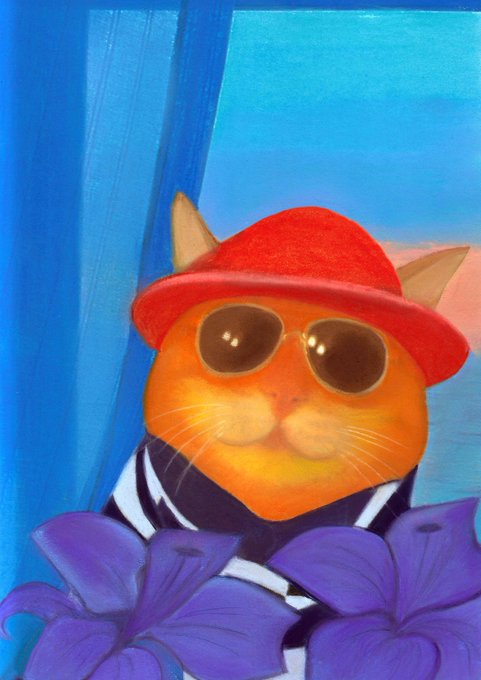 A colorful digital painting of an orange cat wearing a red beret and sunglasses, dressed in a striped shirt and surrounded by purple flowers.