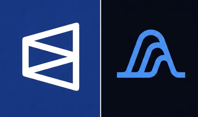 Two blue logos displayed side-by-side: the Google Drive triangular-style icon on a blue background on the left, and a stylized blue 'A' logo on a black background on the right.