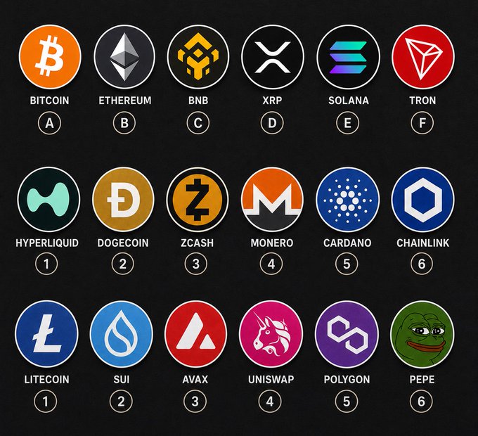 The image displays a grid of 18 cryptocurrency logos on a black background, arranged in three rows of six, including Bitcoin (A), Ethereum (B), BNB (C), XRP (D), Solana (E), Tron (F), Hyperliquid (1), Dogecoin (2), Zcash (3), Monero (4), Cardano (5), Chainlink (6), Litecoin (1), Sui (2), AVAX (3), Uniswap (4), Polygon (5), and Pepe (6), with each labeled with its name and letter or number.