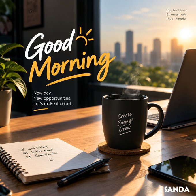 Morning-themed digital graphic with 'Good Morning' text, a coffee mug reading 'Create Engage Grow,' a notebook checklist, and 'SANDA' branding, captioned 'Better Ideas. Stronger Ads. Real People.'