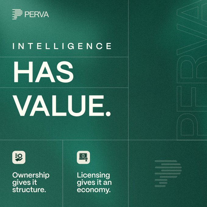 A dark green graphic from PERVA states 'INTELLIGENCE HAS VALUE,' noting 'Ownership gives it structure' and 'Licensing gives it an economy.'