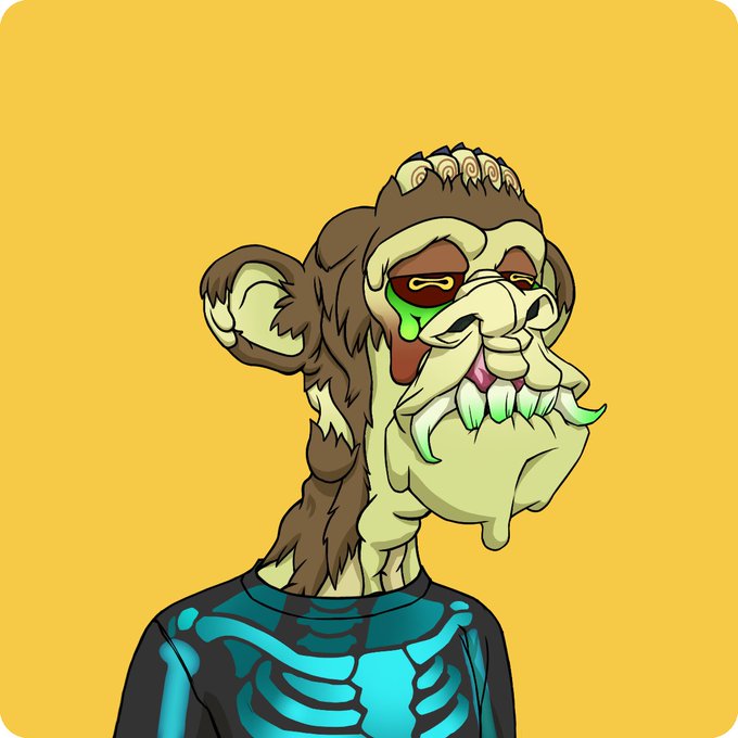 A digital illustration of a grotesque zombie-like ape character with exposed teeth, green drool, and a glowing blue skeleton shirt on a yellow background.
