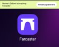 A mobile app screenshot for Farcaster, showing the "Network follows progress" onboarding screen with a purple icon featuring a stylized bridge or arch and a "Resume signup" button.