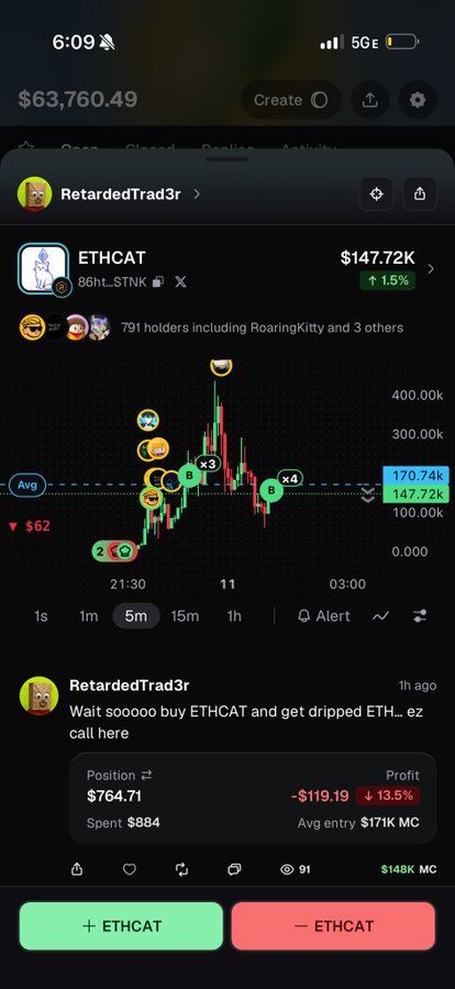 A mobile trading app screenshot shows the 'ETHCAT' token at $147.72K with a 1.5% increase, posted by user 'RetardedTrad3r' who writes 'Wait sooooo buy ETHCAT and get dripped ETH... ez call here' with a current position showing a 13.5% loss.
