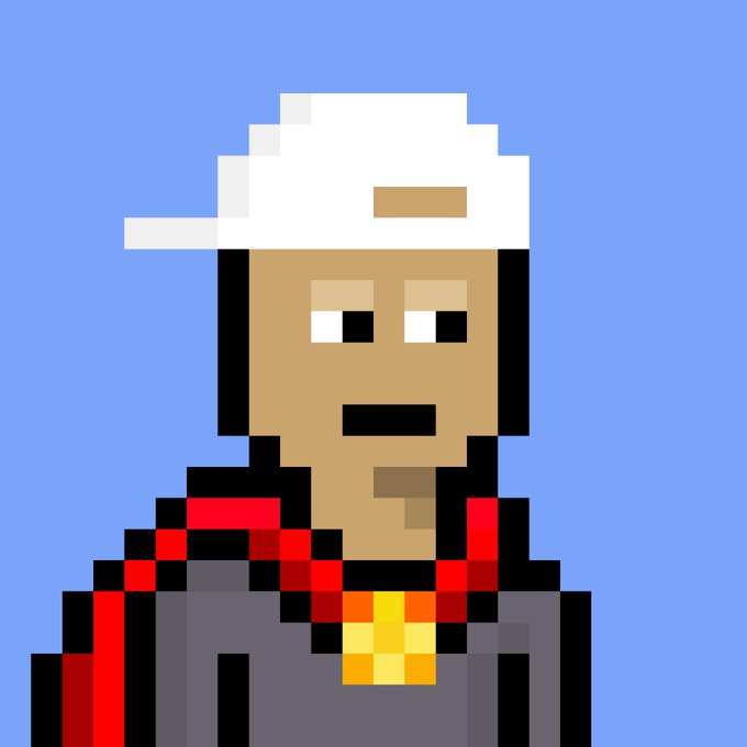 A pixel art character wearing a white cap and a dark jacket with red accents over a yellow shirt is set against a solid light blue background.