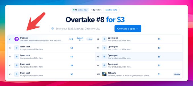 A screenshot of a website called 'Overtake' showing a spot-purchasing auction platform where users can pay varying amounts ($2-$10) to rank their products, with an arrow pointing to the Overture tool at #1.