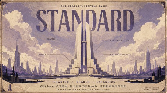 An art deco style illustration titled 'STANDARD - THE PEOPLE'S CENTRAL BANK' showing a tall monument-like building with text about Charter and Branch.