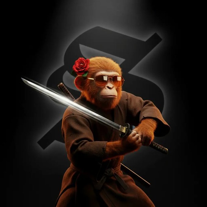 A stylized orangutan wearing sunglasses, a red rose behind its ear, and a brown robe wields a katana against a dark background with a large 'S' logo.