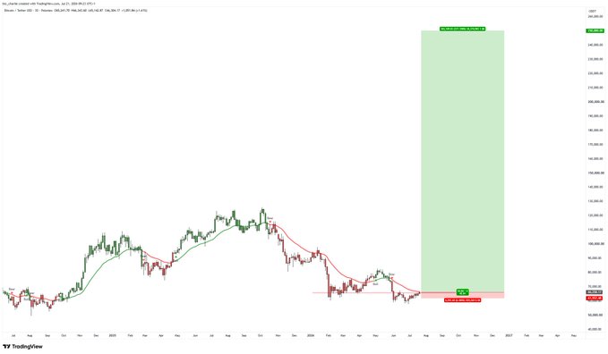A TradingView chart of Bitcoin (BTC/USD) showing price action from mid-2024 through 2027, featuring a massive projected green "Long Idea" profit zone from ~$82,000 to ~$250,000 that visualizes the bold "$250,000 or delete tweets" price prediction.
