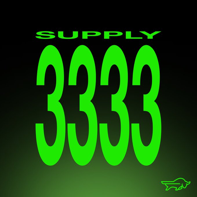 Bright green text reading "SUPPLY 3333" glows against a black background with a green silhouette of a charging bull in the bottom corner, reinforcing the post's "3,333" figure as a supply milestone.