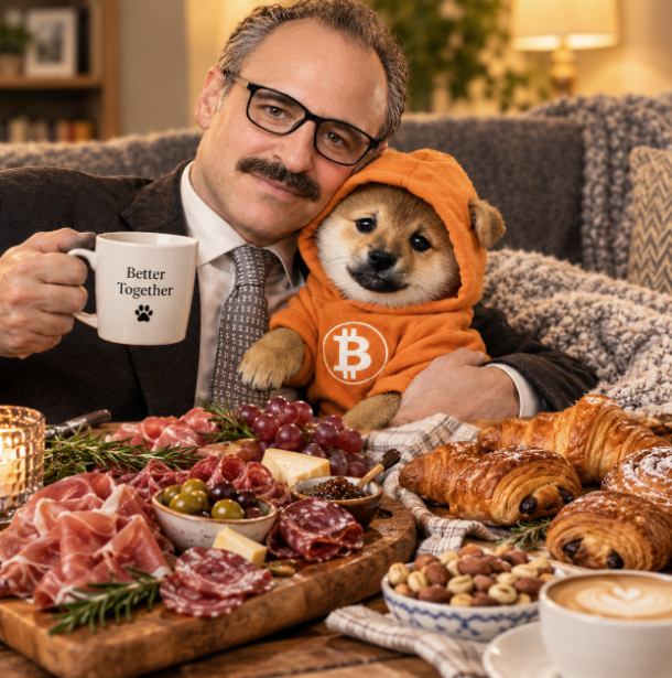 A man with glasses and a mustache holds a "Better Together" mug while a Shiba Inu wearing an orange Bitcoin (₿) hoodie sits on his lap, surrounded by a spread of charcuterie, pastries, and coffee.