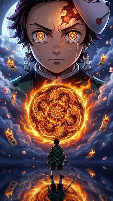 Anime artwork of Tanjiro Kamado from Demon Slayer, featuring his glowing eyes, a fierce expression with tears, and the iconic fiery Hinokami Kagura circular pattern below him.