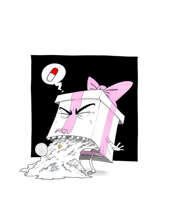 A cartoon white gift box with a pink bow is vomiting out a pile of wrapped presents and candy, with a confused thought bubble showing a red and white pill above its head, humorously illustrating the overwhelming feeling of receiving "too many presents" for the GM (good morning) post.