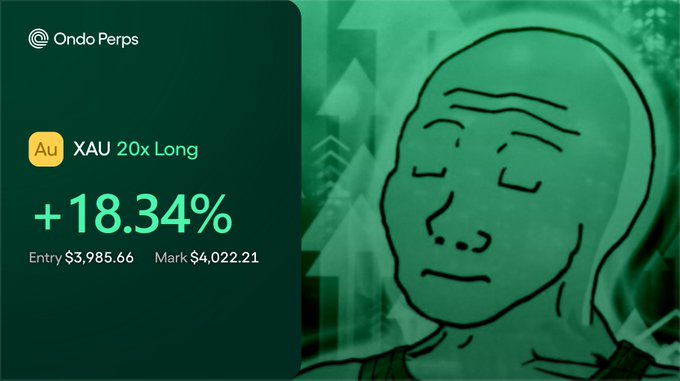 OndoPerps promotional graphic showing a XAU (Gold) 20x Long position with a +18.34% gain, entry $3,985.66 and mark $4,022.21, featuring a Wojak-style face illustration.