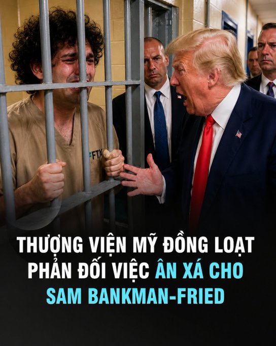 A meme image showing a crying person behind prison bars being confronted by a man in a suit, with Vietnamese text reading 'THƯỢNG VIỆN MỸ ĐỒNG LOẠT PHẢN ĐỐI VIỆC ÂN XÁ CHO SAM BANKMAN-FRIED'.