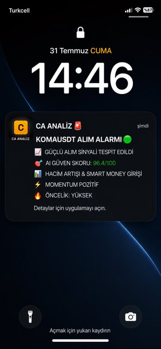 A smartphone lock screen displays a notification from the "CA ANALİZ" app at 14:46 on Friday, July 31, showing a "KOMAUSDT ALIM ALARMI" (Buy Alert) with an AI confidence score of 96.4/100 and indicators for strong buy signal, volume increase, smart money entry, and positive momentum—visually documenting the precise early buy alert mentioned in the accompanying post about KOMAUSDT's subsequent price rise.