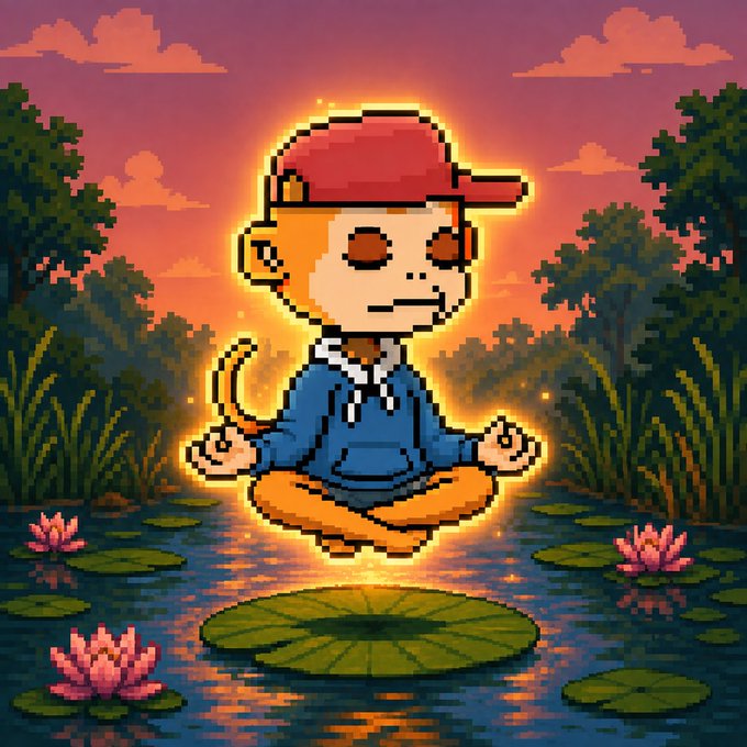 A pixel art illustration of a character in a red cap and blue hoodie meditating in lotus position on a glowing lily pad, surrounded by a sunset landscape.