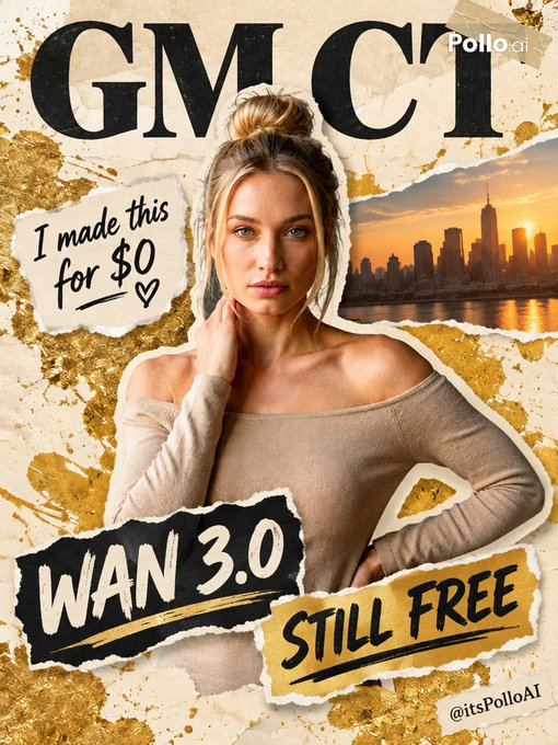 A promotional graphic for "Pollo.ai" with a magazine-cover style design featuring a blonde woman, text reading "GM CI," "I made this for $0," "WAN 3.0," and "STILL FREE," tagged "@itsPolloAI."
