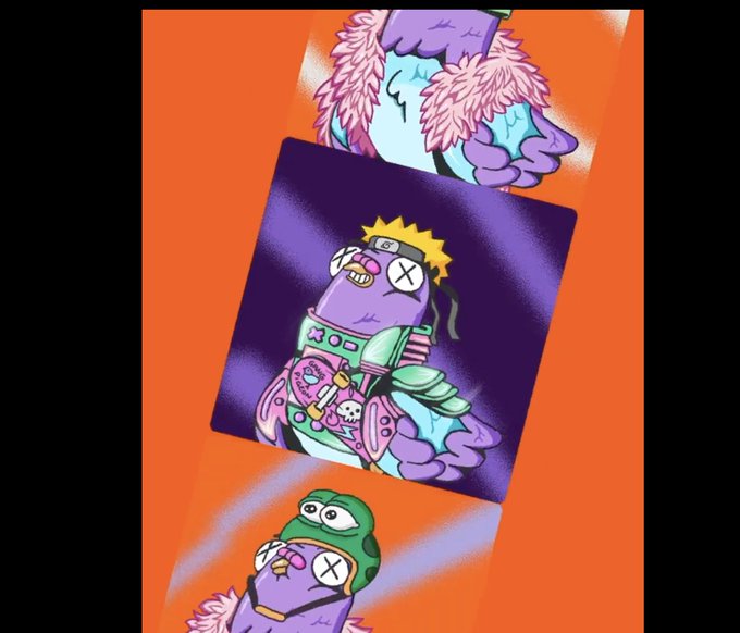 The image features a series of three cartoon-style illustrations depicting a bird with different outfits and accessories. The first illustration shows the bird wearing a pink feather boa, while the second illustration has the bird dressed in a purple outfit with a crown on its head. The third illustration depicts the bird wearing an orange outfit with a green hat. These illustrations are part of a larger post that discusses NFTs (Non-Fungible Tokens) and their potential value during a bear market.