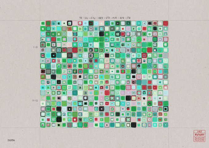 An overhead view shows a square art installation composed of numerous small green, red, and blue cubic containers arranged in a grid pattern on the floor, labeled 'TK · SVU · DAU · RW9 · STR · AYR · AVR · CTX' with serial numbers.