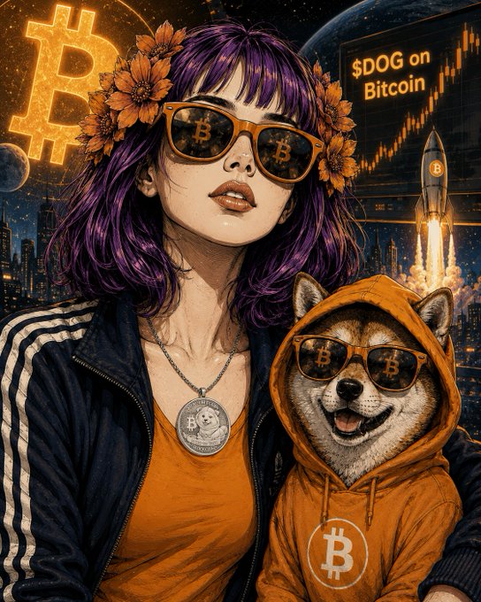 The image features a woman wearing sunglasses, a gold necklace, an orange hoodie with a dog design, and a pair of glasses that have "B"s on them. The background includes a rocket ship and a city skyline. The caption reads "$DOG ON BITCOIN".