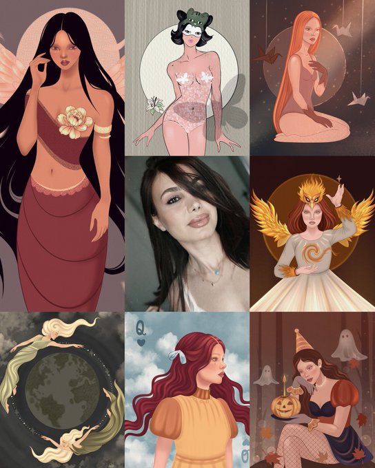 A collage of digital illustrations and a photo featuring various stylized female characters with flowing hair, fairy wings, and fantasy elements.