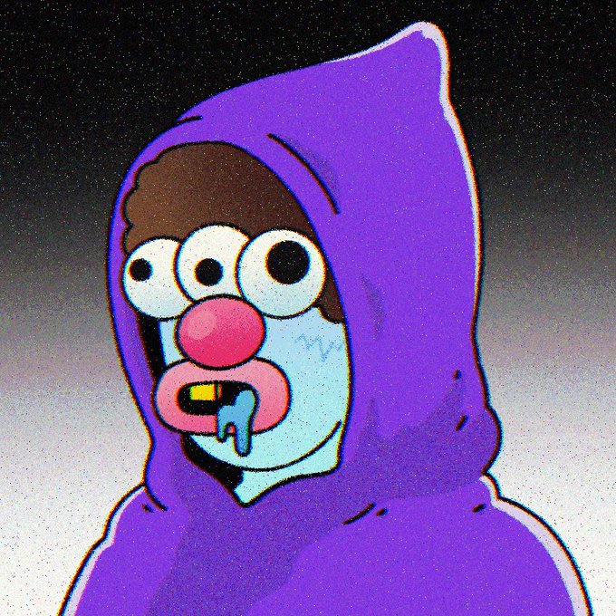A cartoon illustration of a character with a pink clown nose, three eyes, and drool wearing a purple hooded robe against a grainy background.