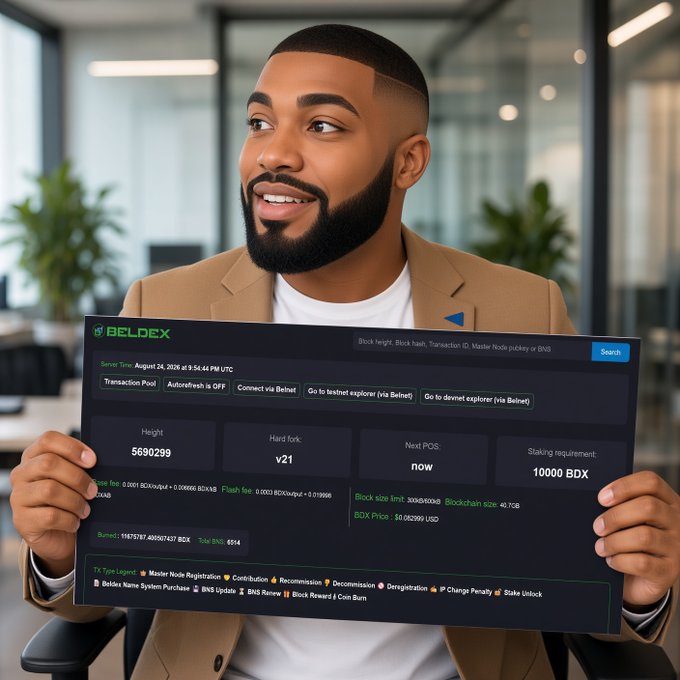 A man holds a large printed screenshot of the Beldex blockchain explorer dashboard, displaying metrics including a masternode count of 3,251, a block height of 5690299, hard fork v21, and a staking requirement of 10,000 BDX, visually capturing the onchain exploration he describes in his post.
