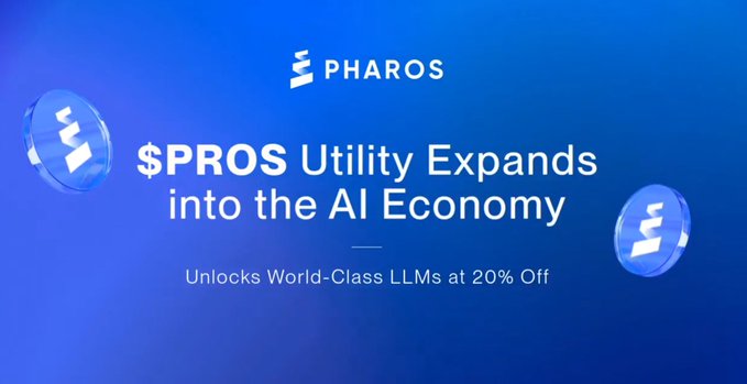 The image features a blue and white sign that reads "Pharos Pros Utility Expands into the AI Economy" with two small blue circles placed above and below each other, representing a coin toss. The text states that an exclusive partnership between Pharos and ZAN has been formed by Web3, Ant Group's leading Chinese technology and fintech company.
