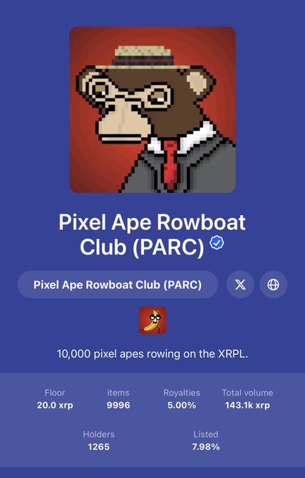 The image displays the Pixel Ape Rowboat Club (PARC) NFT collection page, featuring a pixel-art ape wearing a hat and tie, with 9996 items, a floor price of 20.0 xrp, and a total volume of 143.1k xrp. It highlights the collection's tagline "10,000 pixel apes rowing on the XRPL," reinforcing the post's emphasis on PARC's legitimacy as an XRPL-based NFT project built by OG founders.