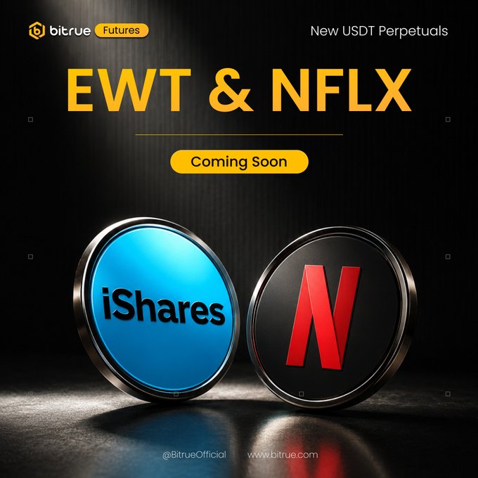 The image is a promotional graphic for Bitrue Futures announcing upcoming USDT perpetual contracts for EWT (iShares MSCI Taiwan ETF) and NFLX (Netflix), featuring the iShares and Netflix logos alongside text reading "EWT & NFLX Coming Soon."
