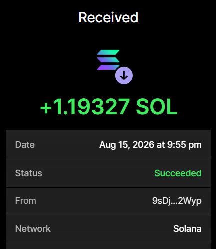 A Solana transaction confirmation screenshot showing a successful receipt of 1.19327 SOL on Aug 15, 2026 at 9:55 pm from address "9sDj...2Wyp" on the Solana network, which corresponds to the purchase of 48.34 million $BULLPURR tokens as described in the accompanying post.