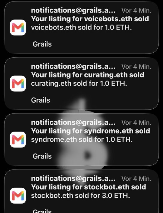 A screenshot of email notifications from Grails confirming that domain listings sold: voicebots.eth, curating.eth, and syndrome.eth each sold for 1.0 ETH, while stockbots.eth sold for 3.0 ETH.