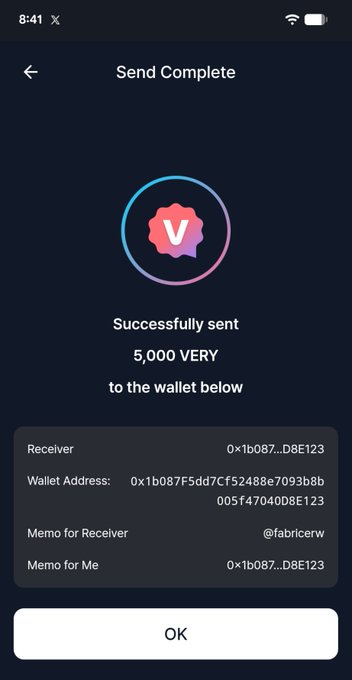 A mobile app screenshot showing a 'Send Complete' confirmation for successfully sending 5,000 VERY tokens to wallet address 0x1b087F5dd7Cf52488e7093b8b... with a memo for @fabricerw.