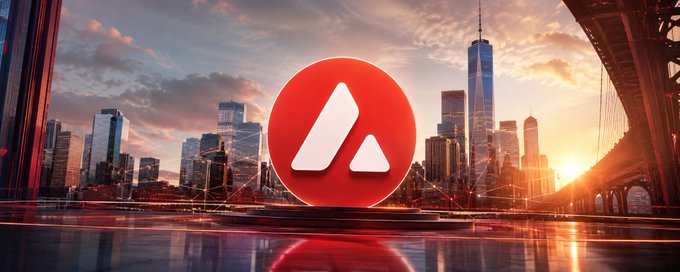 A promotional banner for the Avalanche (AVAX) cryptocurrency featuring its red circular logo against a sunset cityscape with the Brooklyn Bridge and One World Trade Center.