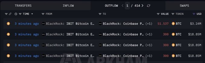 The image displays a transaction tracker showing multiple Bitcoin outflows from BlackRock's IBIT Bitcoin ETF wallet to Coinbase Prime, with transfers of 51.537 BTC and 300 BTC each occurring within minutes of each other. The visible total of approximately 951.5 BTC across the entries aligns with the news headline about BlackRock moving around $59 million worth of Bitcoin to Coinbase Prime.