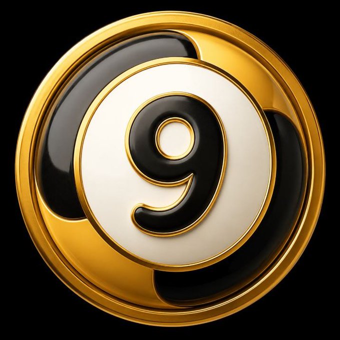 A glossy 3D-rendered golden coin or emblem with a black border displays the number '9' in gold on a white center against a black background.
