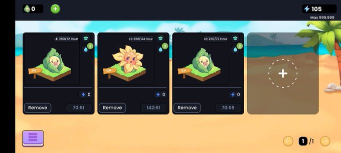 A mobile game interface showing a farming/cultivation menu with character avatars on plots producing 250/72, 890/44, and 250/72 units per hour, with a timer and 'Remove' option, set against a tropical island background.