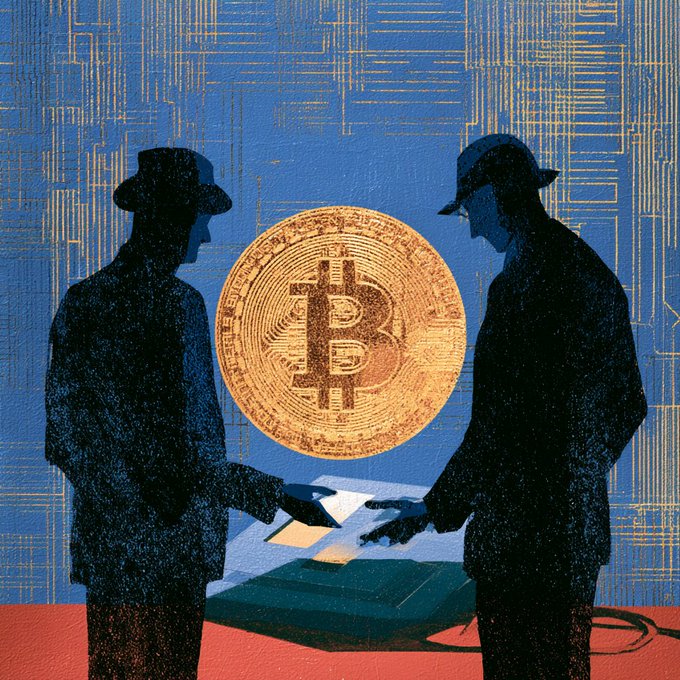 A stylized illustration showing two silhouetted figures in hats and coats exchanging an envelope over a green briefcase, with a large golden Bitcoin coin floating between them against a blue, circuit-like background.