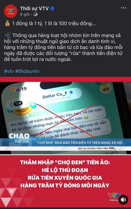 A VTV (Vietnam Television) news post in Vietnamese about online fraud and cryptocurrency money laundering, with headlines including 'THÂM NHẬP "CHỢ ĐEN" TIỀN ẢO: HÉ LỘ THỦ ĐOẠN RỬA TIỀN XUYÊN QUỐC GIA HÀNG TRĂM TỶ ĐỒNG MỖI NGÀY' and a crossed-out screenshot of a suspicious message.