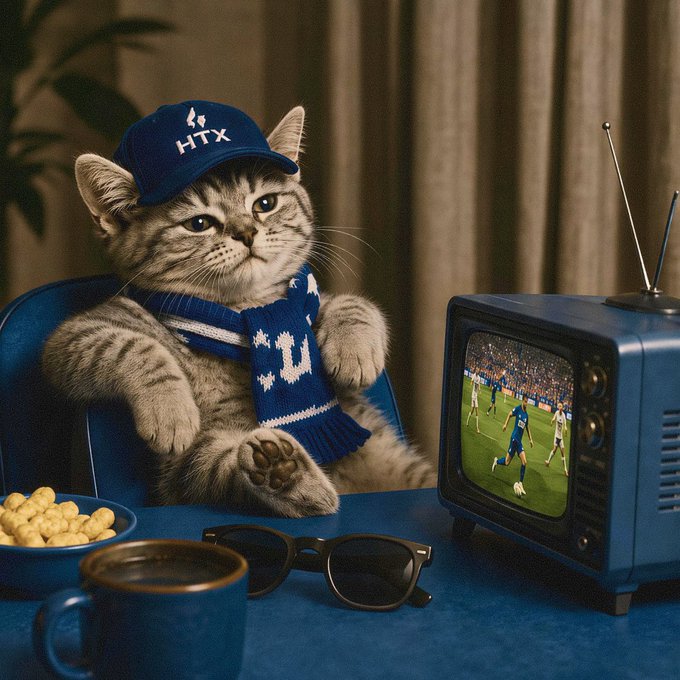 A tabby cat wearing an HTX cap and blue scarf sits at a table with snacks and a vintage TV showing a football match.