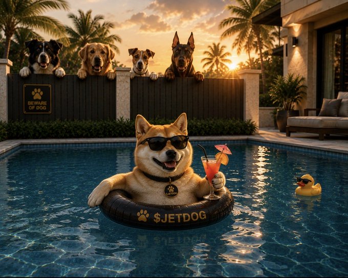 A Shiba Inu dog wearing sunglasses floats in a pool on a $JETDOG inner tube, holding a cocktail, with other dogs watching from behind a "BEWARE OF DOG" fence.