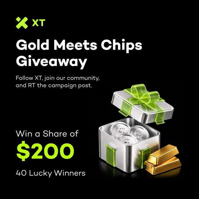 XT exchange's "Gold Meets Chips Giveaway" promo on a black background invites participants to follow the platform and retweet the post for a chance to win a share of $200 in futures trial funds, with 40 lucky winners selected. A 3D render of an open silver gift box containing silver coins and gold bars visually reinforces the "gold and chips" theme of the giveaway.